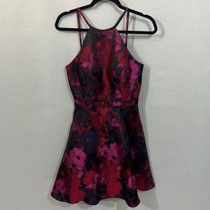 Xscape Red and Pink Patterned Satin Flare Dress Size 6
